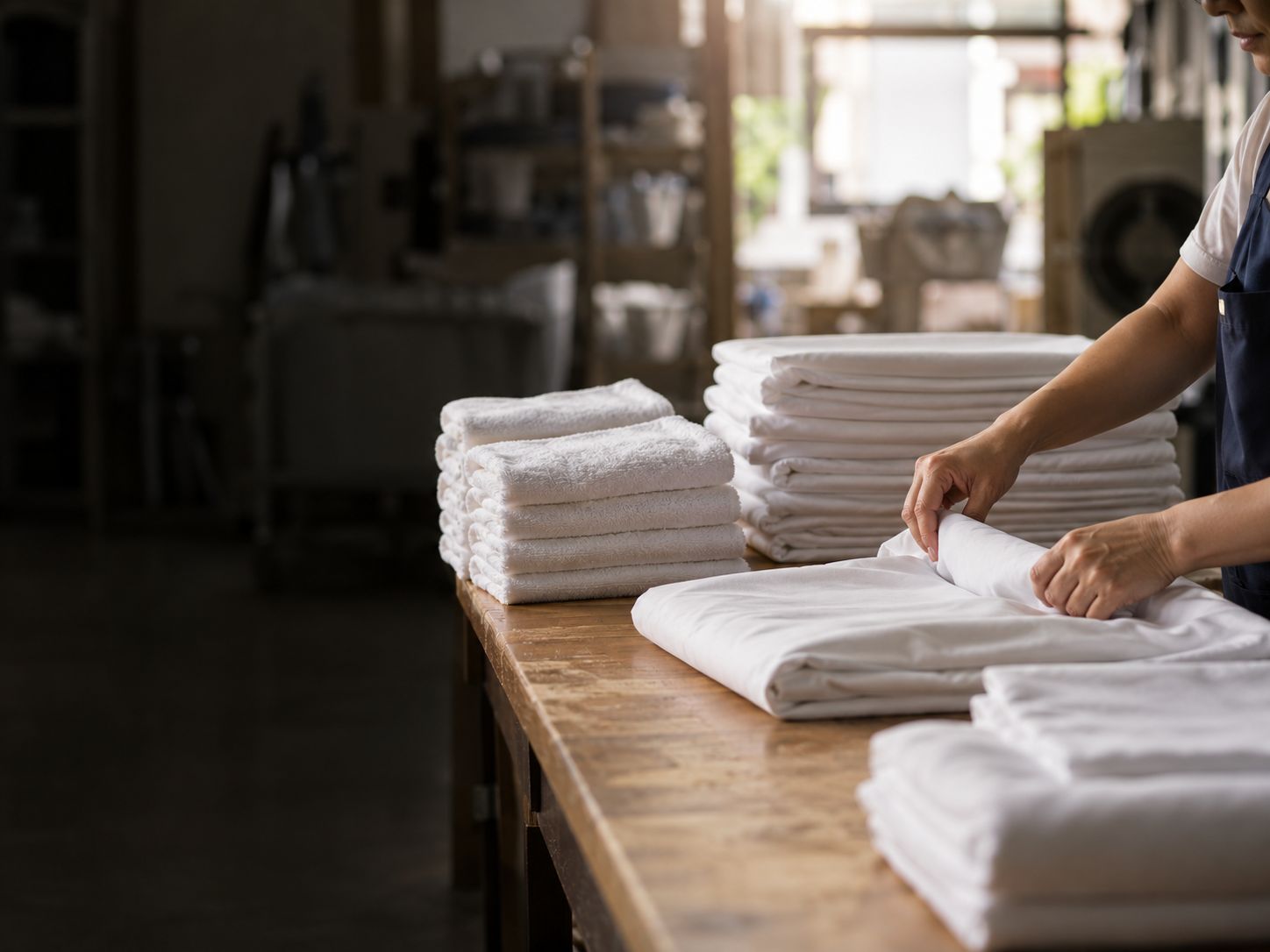Astoria staff folding freshly laundered white linens into neat stacks