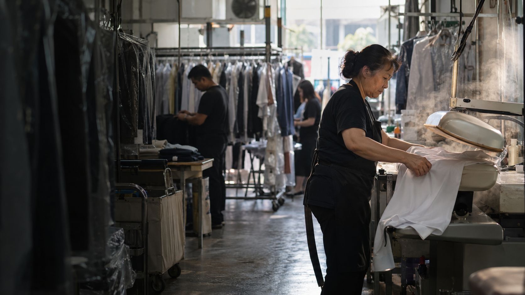 Astoria presser steam-pressing a white shirt on the press floor, with garment rails behind